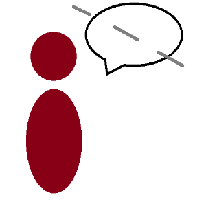 An abstract red person with a speech bubble with a three gray dashes line across it, going from the upper left to lower right.